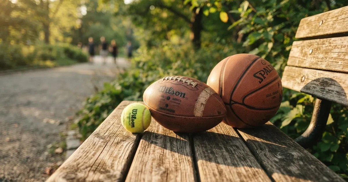Tres balones de distintos tipos, uno junto a otro, sobre un banco de madera