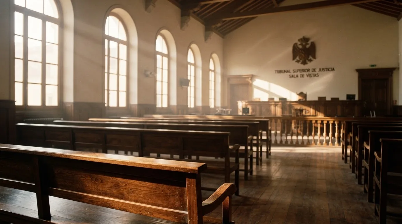 Una sala de tribunal vacía con bancos de madera a la luz de la mañana