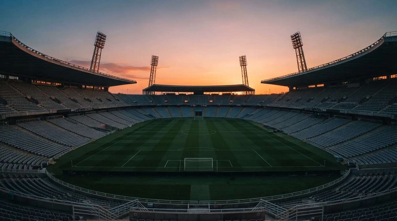 Un estadio de fútbol vacío con torres de iluminación al atardecer