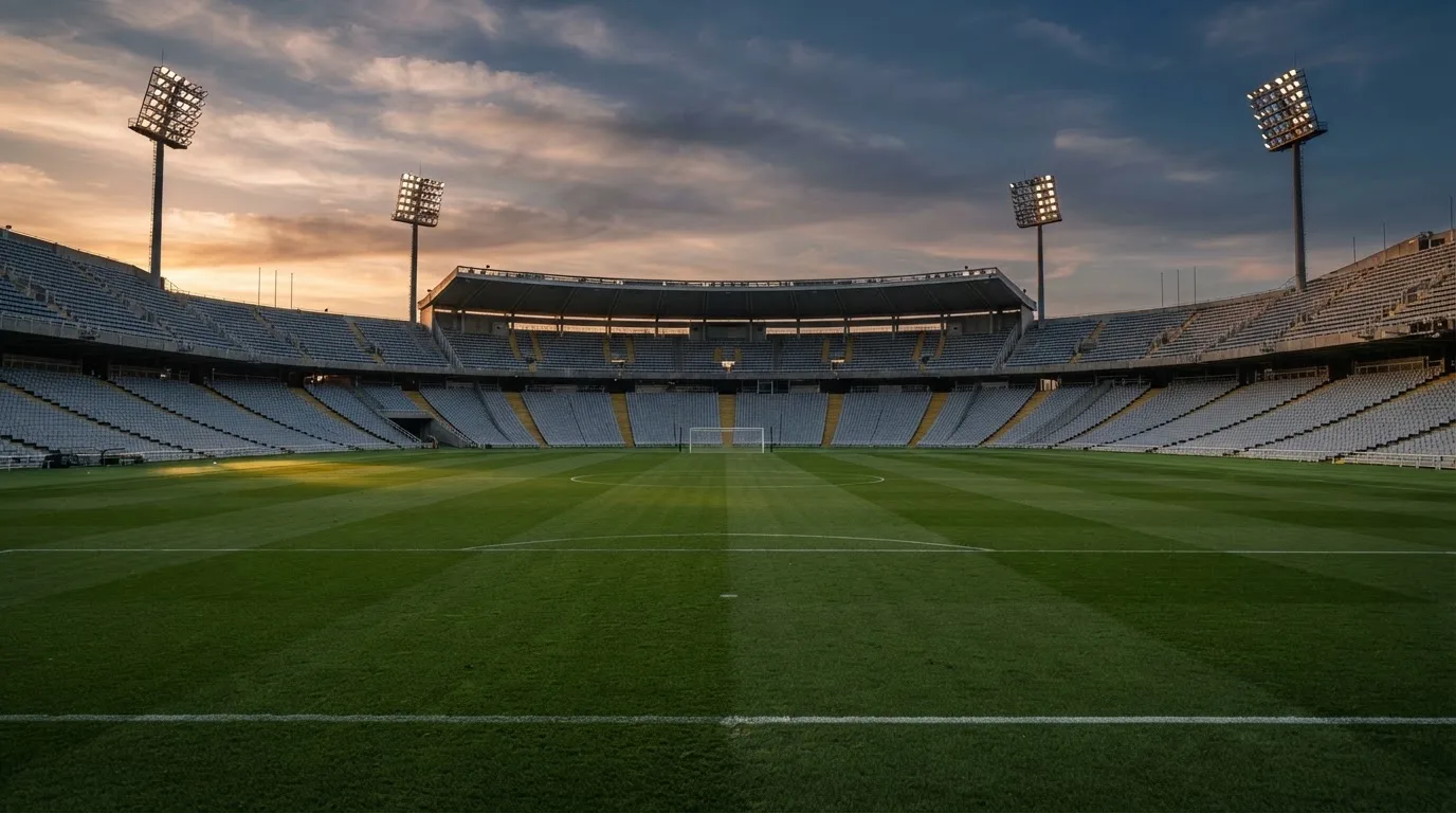 Un estadio de fútbol vacío con torres de iluminación al atardecer
