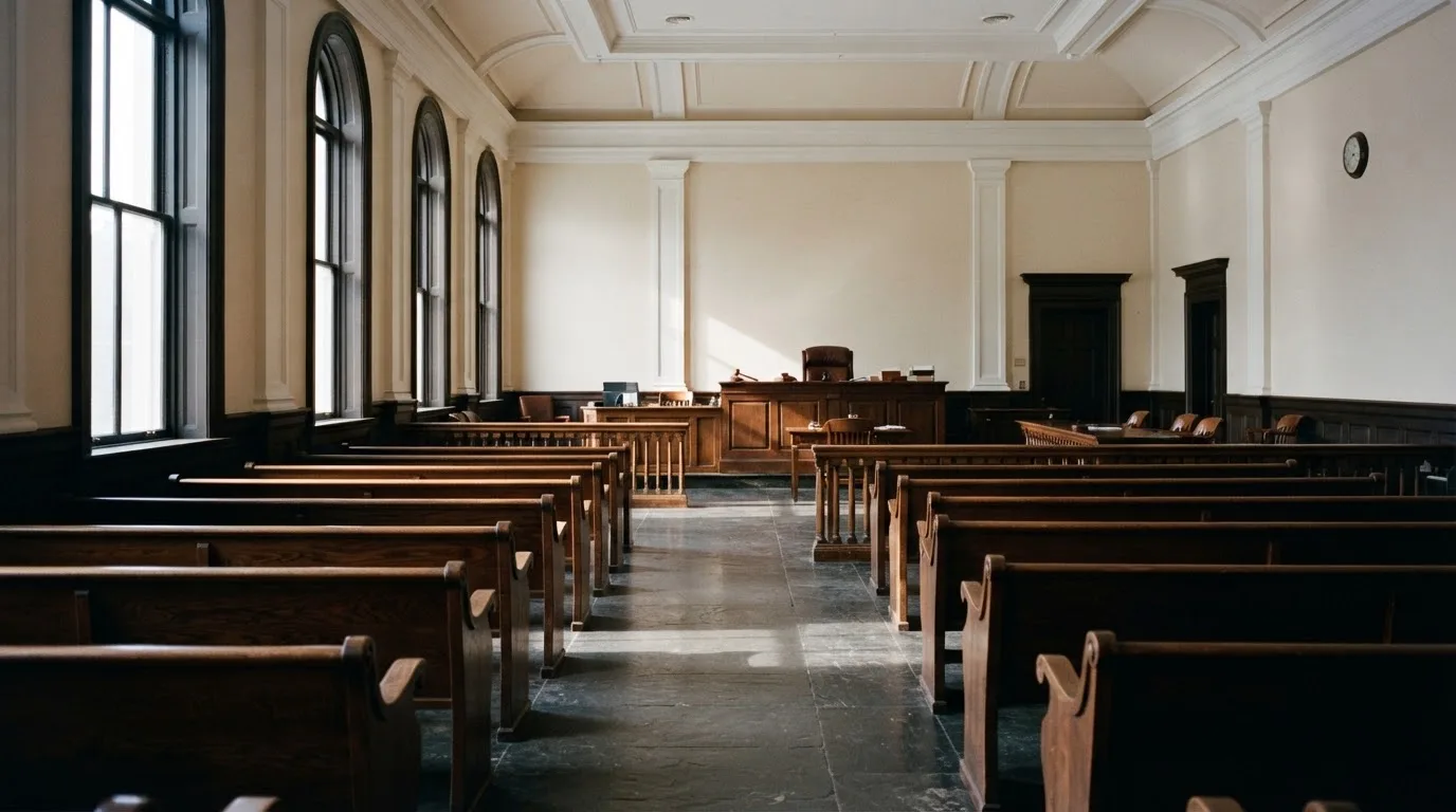Una sala de tribunal vacía con bancos de madera a la luz de la mañana
