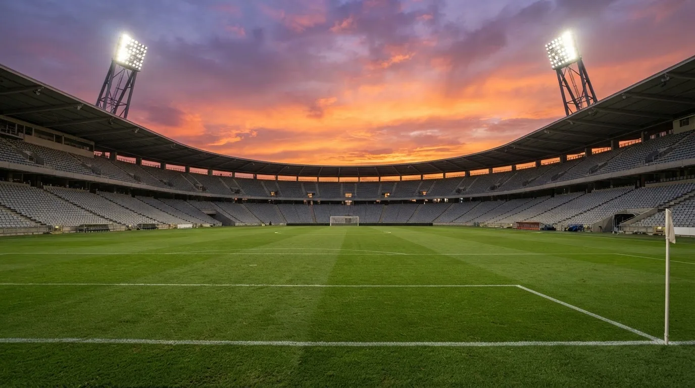 Un estadio de fútbol vacío con torres de iluminación al atardecer