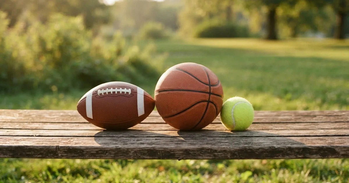 Tres balones de distintos tipos, uno junto a otro, sobre un banco de madera