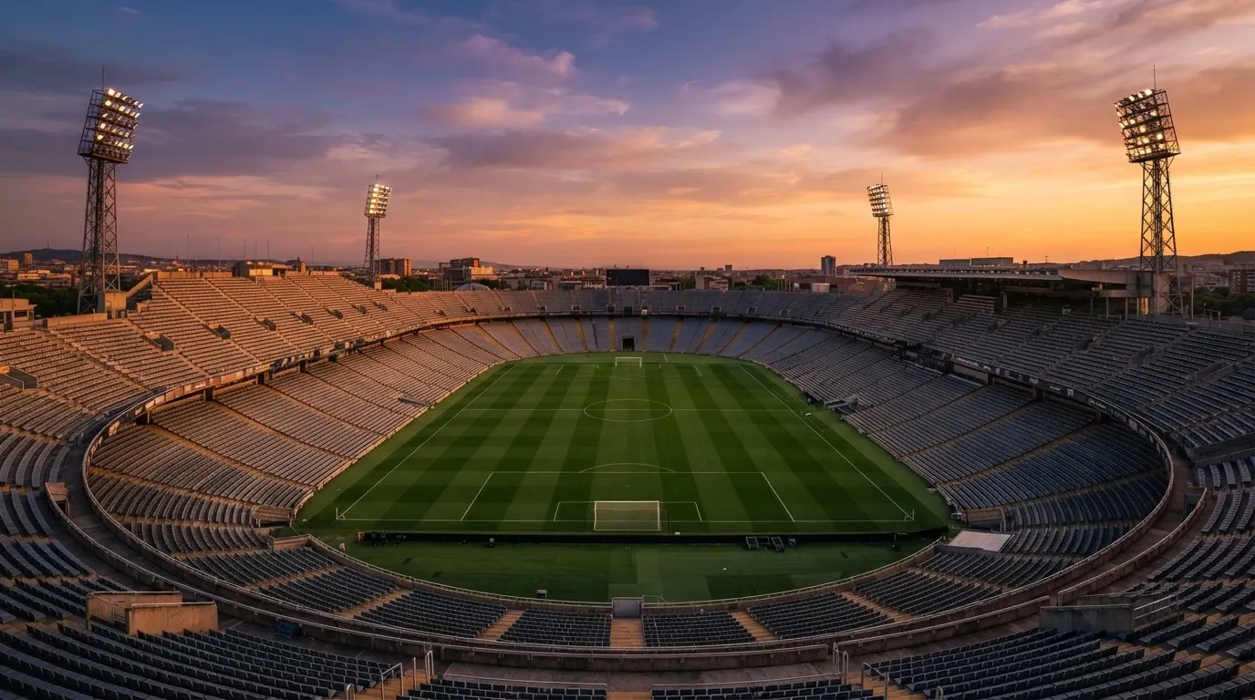 Un estadio de fútbol vacío con torres de iluminación al atardecer
