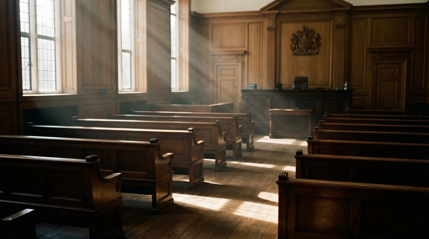 Una sala de tribunal vacía con bancos de madera a la luz de la mañana