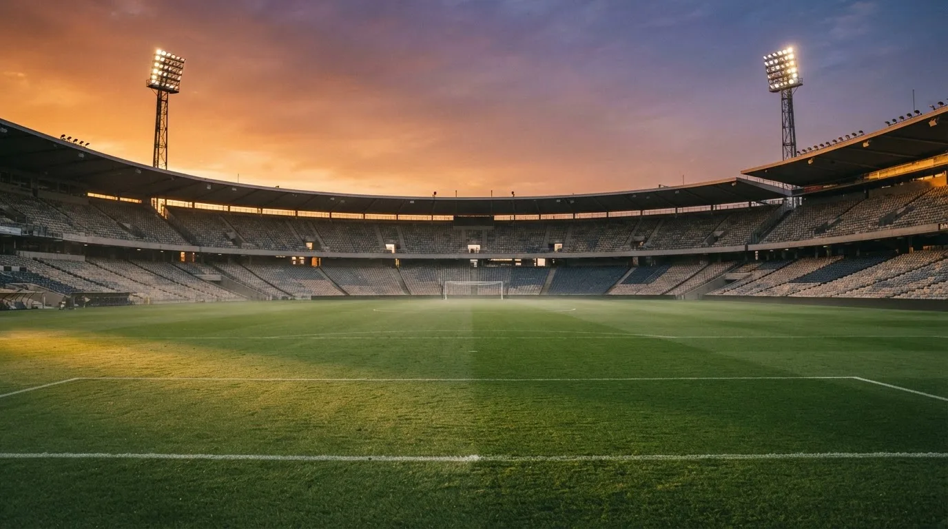 Un estadio de fútbol vacío con torres de iluminación al atardecer