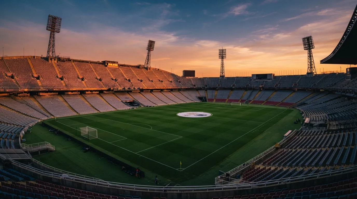 Un estadio de fútbol vacío con torres de iluminación al atardecer