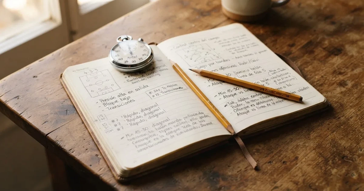 Un cuaderno abierto con un lápiz y un cronómetro sobre una mesa de madera