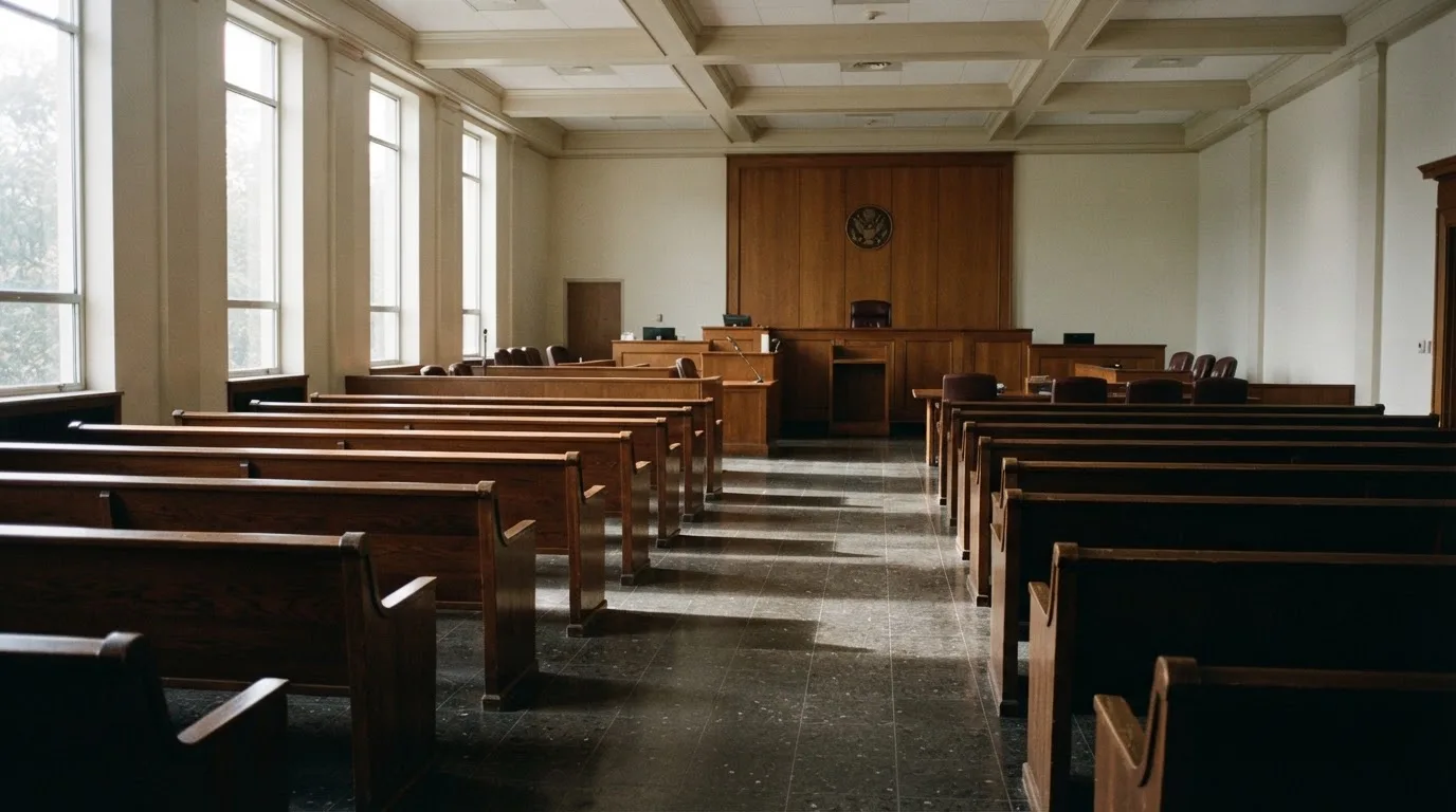 Una sala de tribunal vacía con bancos de madera a la luz de la mañana