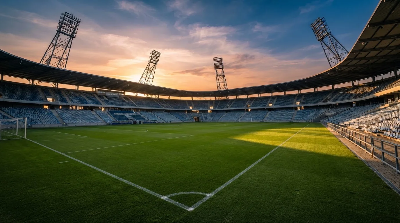 Un estadio de fútbol vacío con torres de iluminación al atardecer