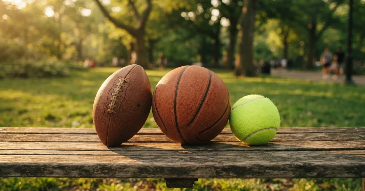 Tres balones de distintos tipos, uno junto a otro, sobre un banco de madera