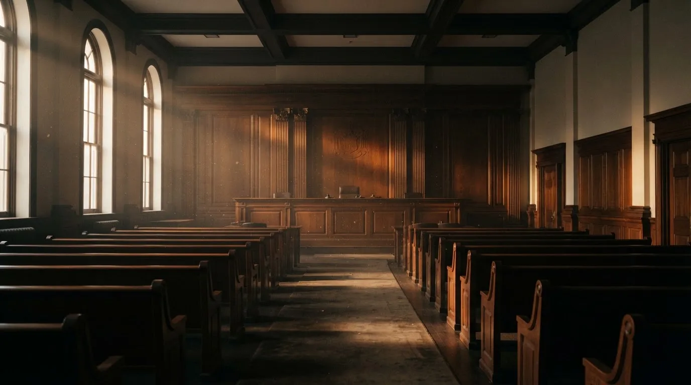 Una sala de tribunal vacía con bancos de madera a la luz de la mañana