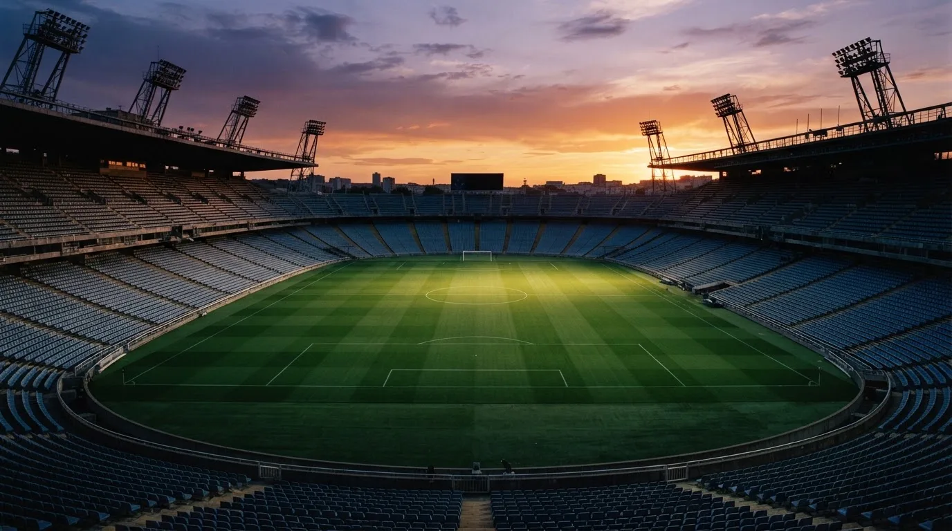 Un estadio de fútbol vacío con torres de iluminación al atardecer