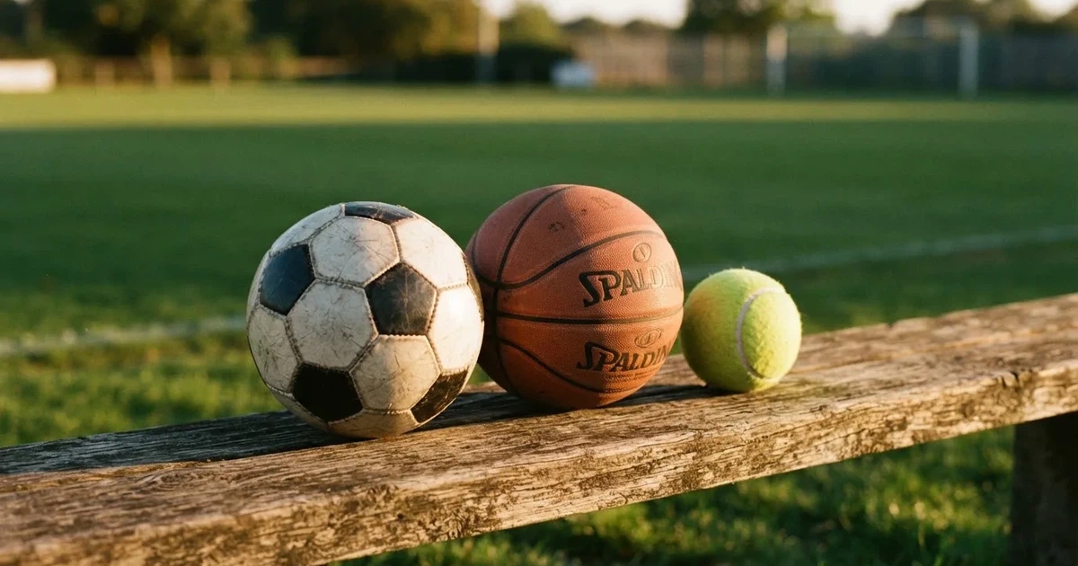 Tres balones de distintos tipos, uno junto a otro, sobre un banco de madera