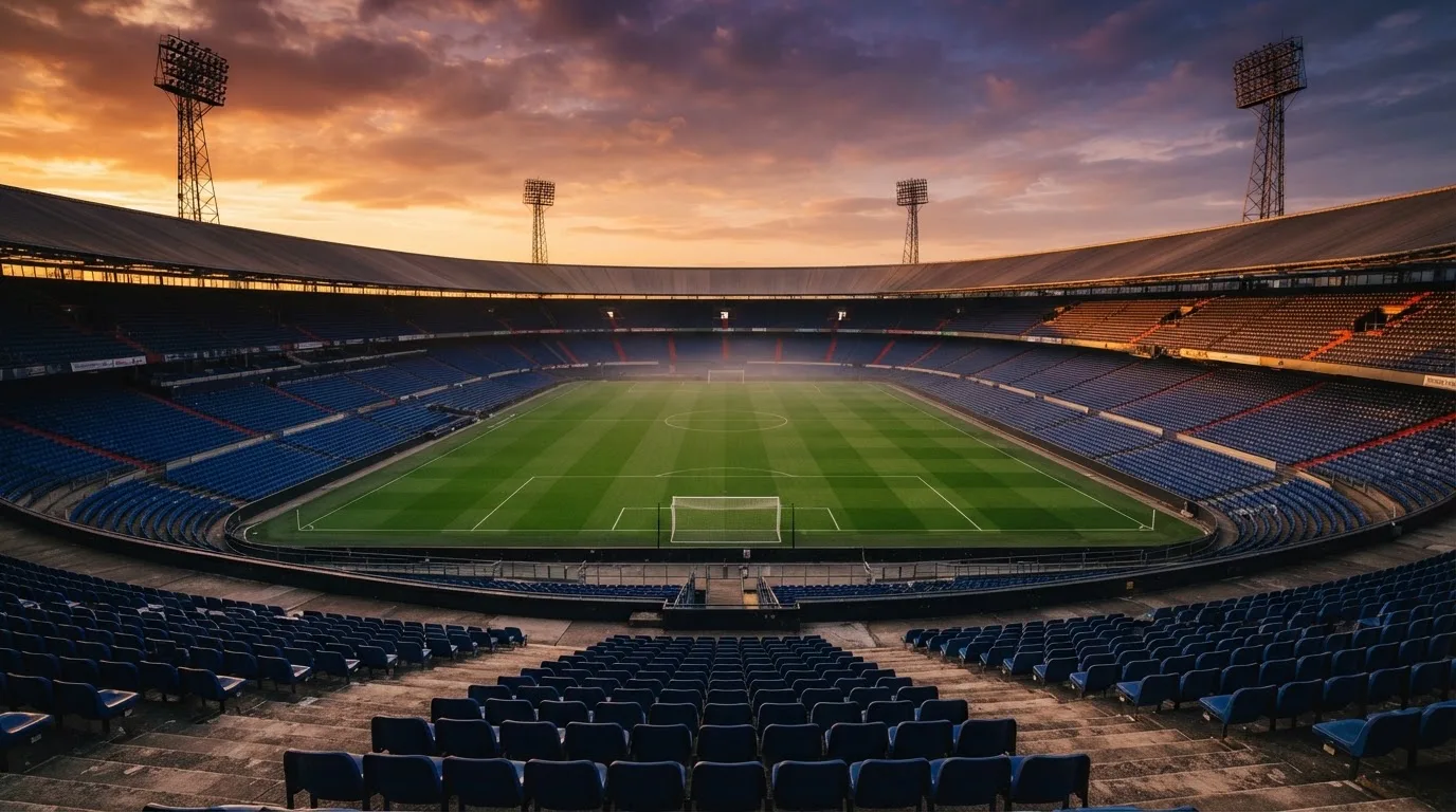 Un estadio de fútbol vacío con torres de iluminación al atardecer