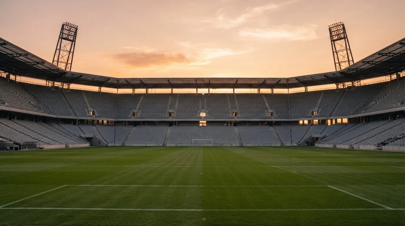 Un estadio de fútbol vacío con torres de iluminación al atardecer