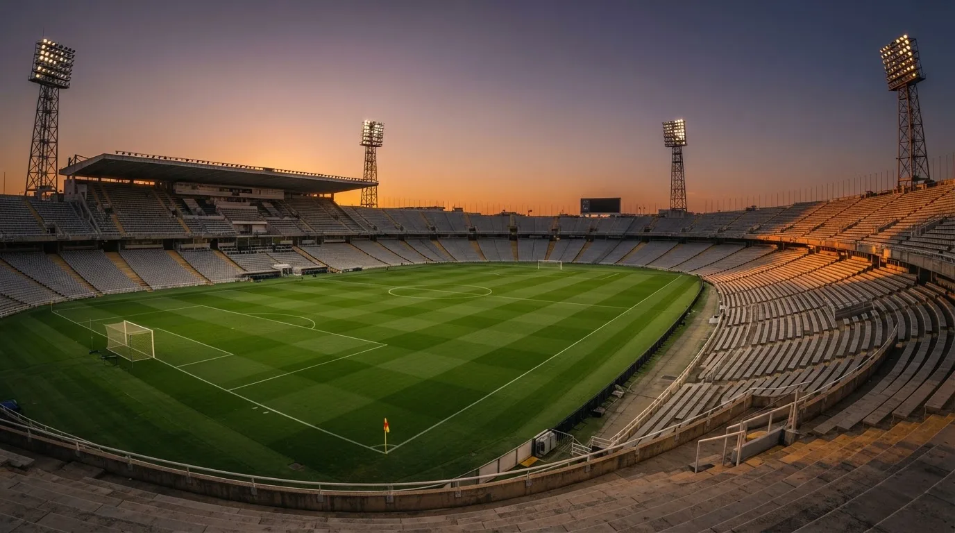 Un estadio de fútbol vacío con torres de iluminación al atardecer