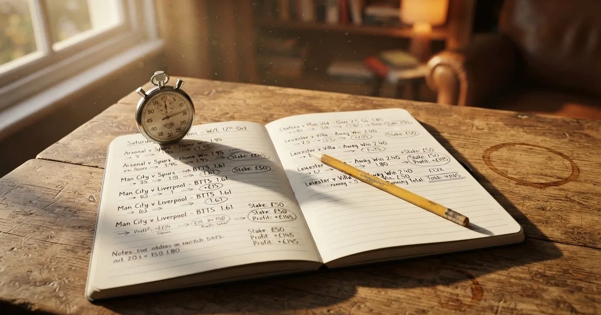 Un cuaderno abierto con un lápiz y un cronómetro sobre una mesa de madera