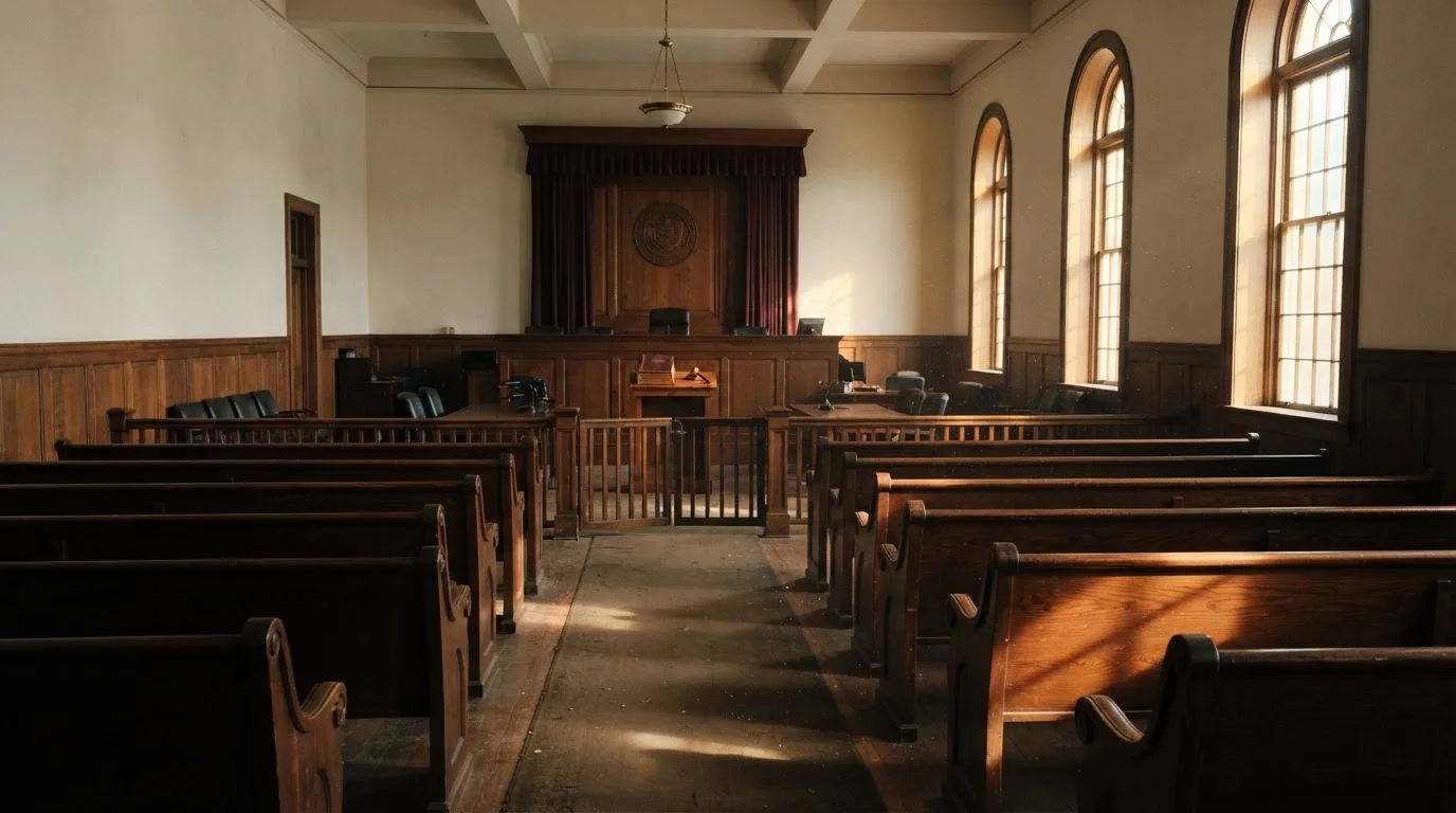 Una sala de tribunal vacía con bancos de madera a la luz de la mañana
