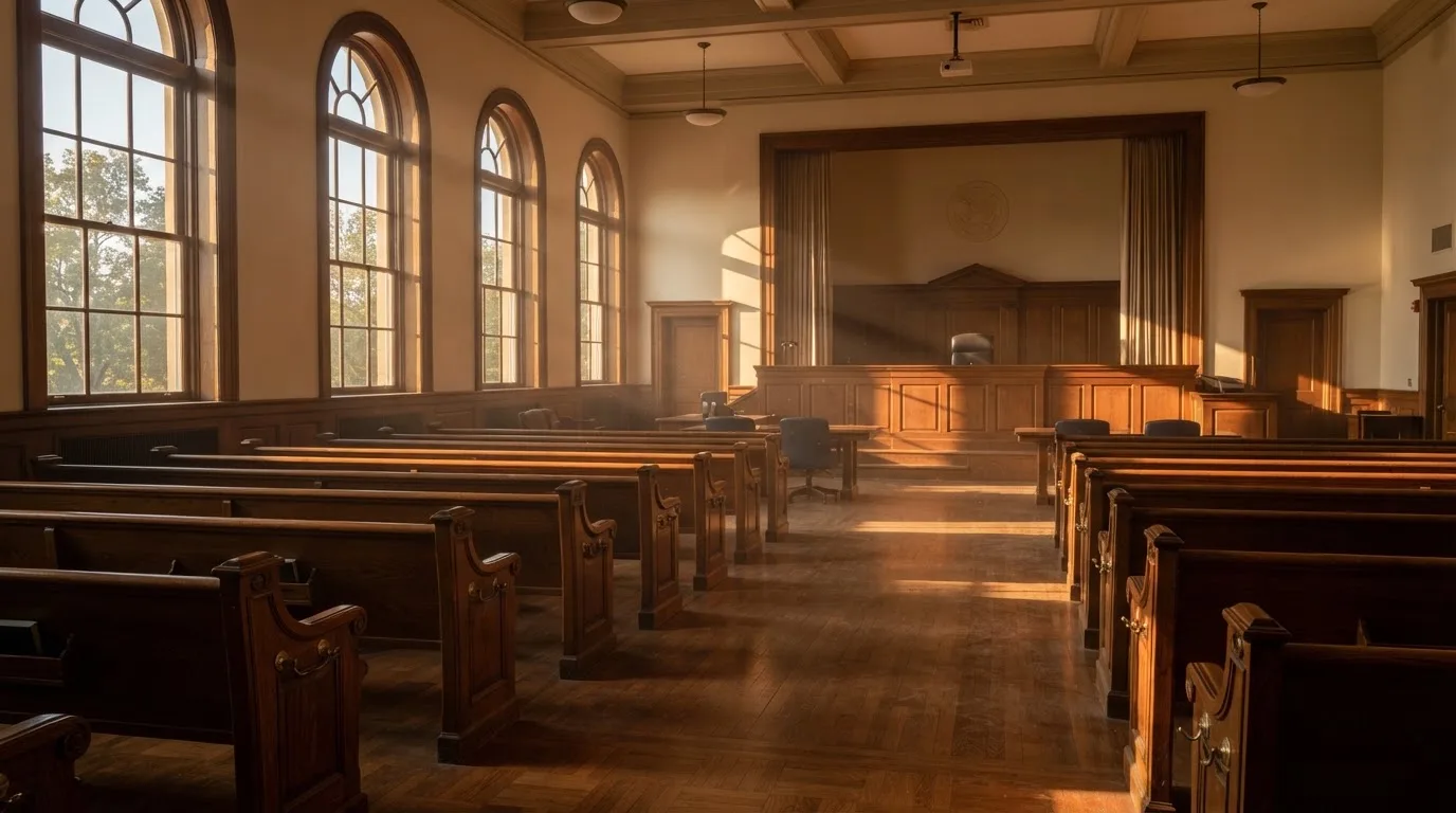 Una sala de tribunal vacía con bancos de madera a la luz de la mañana